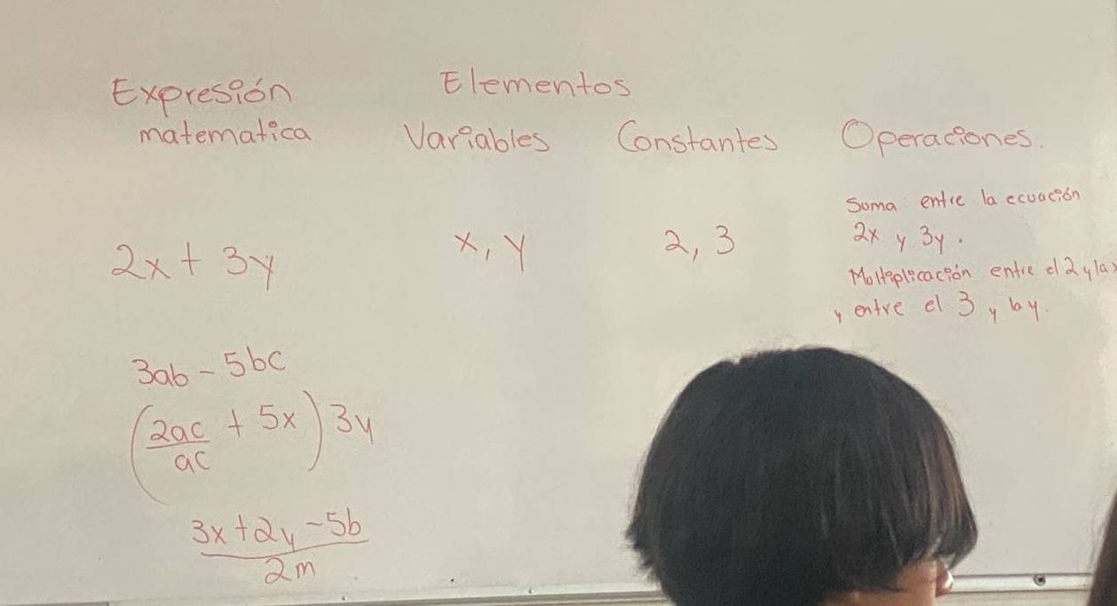 Expresion 
Elementos 
matematica Variables Constantes Operaciones. 
Soma entre la ecuacion
2x+3y
x, Y 2, 3
2xy 3y
Molaplicacion entre daylay 
y entre el 3y by.
3ab-5bc
( 2ac/ac +5x)3y
 (3x+2y-5b)/2m 