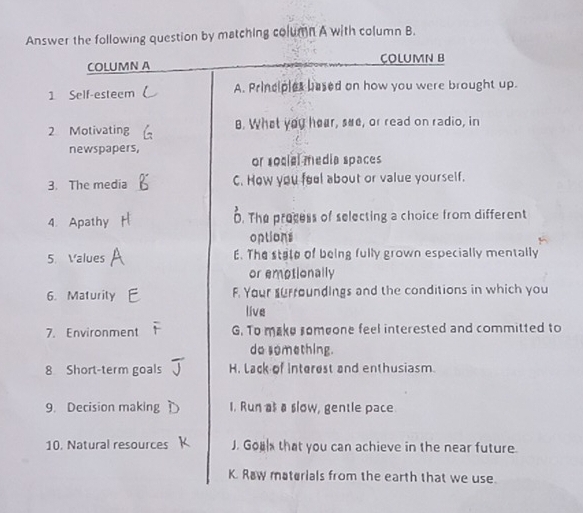 question by matching column A with column B. 
o