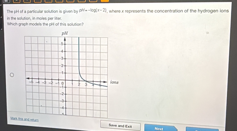 The pH of a particular solution is given by pH=-log (x-2) , where x represents the concentration of the hydrogen ions 
in the solution, in moles per liter. 
Which graph models the pH of this solution? 
Mark tturn Save and Exit Next