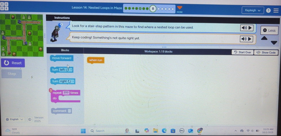 Solved: Lesson 14: Nested Loops in Maze Kayleigh Instructions Look for ...