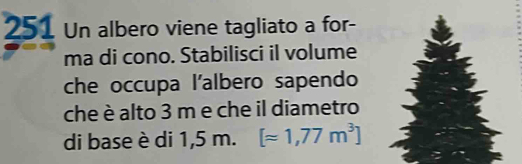 251 Un albero viene tagliato a for- 
ma di cono. Stabilisci il volume 
che occupa l'albero sapendo 
che è alto 3 m e che il diametro 
di base è di 1,5 m. [approx 1,77m^3]