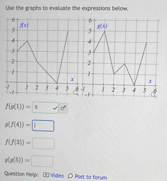 Use the graphs to evaluate the expressions below.
f(g(1))=5sqrt()sigma^4
g(f(4))=□
f(f(3))=□
g(g(5))=□
Question Help: - Video Ω Post to forum