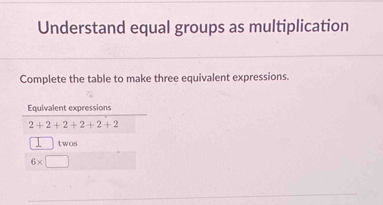 Solved: Understand equal groups as multiplication Complete the table to ...
