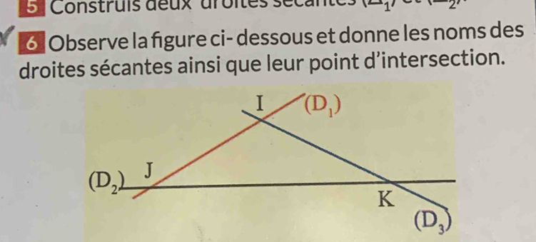 Construis deux aroites se 1
6 Observe la figure ci- dessous et donne les noms des
droites sécantes ainsi que leur point d’intersection.