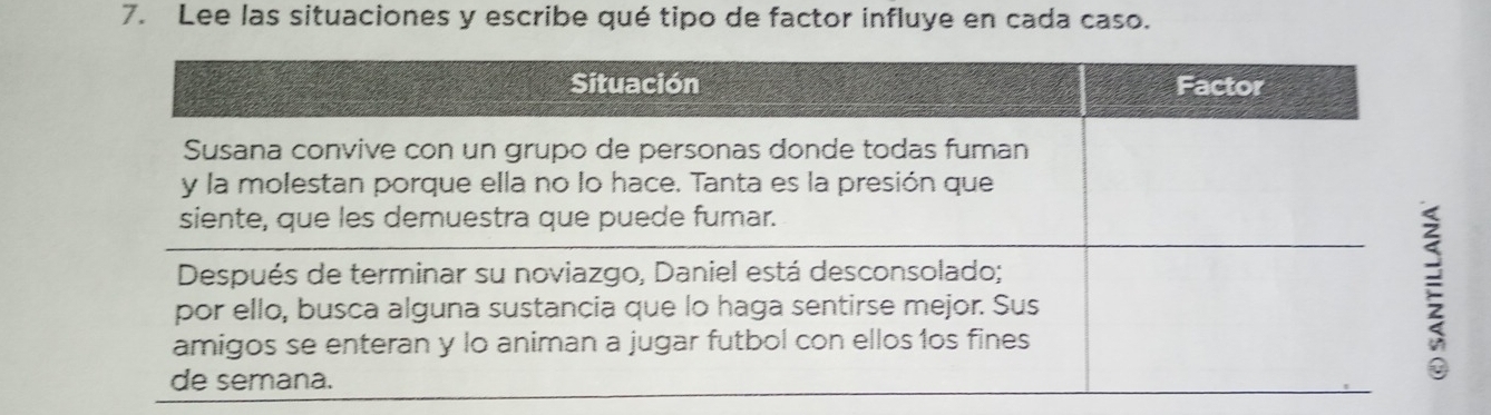 Lee las situaciones y escribe qué tipo de factor influye en cada caso.