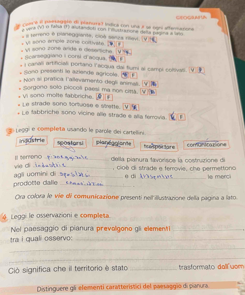 GEOGRAFIA 
Com'è il paesaggio di pianura? Indica con una × se ogni affermazione 
è vera (V) o falsa (F) aiutandoti con l'illustrazione della pagina a lato 
Il terreno è pianeggiante, cioè senza rilievi. 
Vi sono ampie zone coltivate. F 
Vi sono zone aride e desertiche. V 
Scarseggiano i corsi d'acqua. F 
I canali artificiali portano l'acqua dai fiumi ai campi coltivati. 
Sono presenti le aziende agricole. F 
Non si pratica l'allevamento degli animali. [V 
Sorgono solo piccoli paesi ma non città. v 
Vi sono molte fabbriche. F 
Le strade sono tortuose e strette. [V 
Le fabbriche sono vicine alle strade e alla ferrovia. F 
3 Leggi e completa usando le parole dei cartellini. 
industrie 
spostarsi pianéggiante trasportare comunicazione 
II terreno_ della pianura favorisce la costruzione di 
vie di_ 
, cioè di strade e ferrovie, che permettono 
agli uomini di .._ e di_ 
le merci 
prodotte dalle ._ 
. 
Ora colora le vie di comunicazione presenti nell'illustrazione della pagina a lato. 
4 Leggi le osservazioni e completa. 
Nel paesaggio di pianura prevalgono gli elementi_ 
tra i quali osservo:_ 
_ 
_ 
Ciò significa che il territorio è stato _trasformato dall'uom 
Distinguere gli elementi caratteristici del paesaggio di pianura.