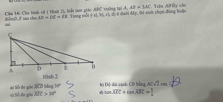 Gia trị
Câu 14: Cho hình vẽ ( Hình 2), biết tam giác ABC vuông tại A, AB=3AC. Trên ABlấy các
điểmD, E sao cho AD=DE=EB. Trong mỗi ý a), b), c), d) ở dưới đây, thí sinh chọn đúng hoặc
sai.
Hình 2
a) Số đo góc widehat ACD bàng 30° b) Độ dài cạnh CD bằng ACsqrt(2)cm.
c) Số đo góc widehat AEC>30° d) tan overline AEC+tan overline ABC= 5/6 