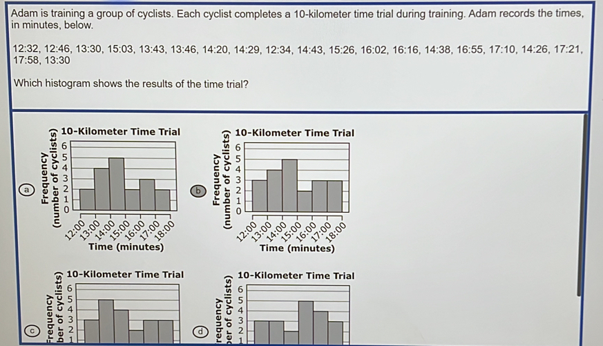 Solved: Adam is training a group of cyclists. Each cyclist completes a ...