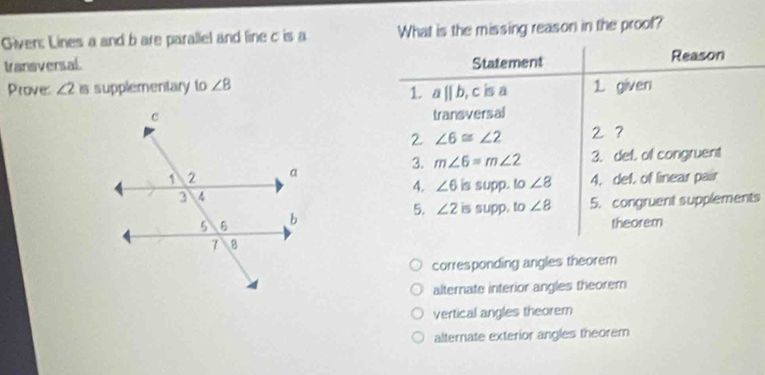 Given: Lines a and bare parallel and line c is a What is the missing reason in the proof?
transversal. Statement Reason
Prove ∠ 2 is supplementary to ∠ 8 1 given
1. aparallel b , c is a
transversal
2. ∠ 6≌ ∠ 2 2 7
3. m∠ 6=m∠ 2 3. def, of congruent
4. def, of linear pair
4. ∠ 6 is supp. to ∠ 8
5. ∠ 2 is supp, to ∠ 8 5. congruent supplements
theorem
corresponding angles theorem
alternate interior angles theorem
vertical angles theorem
alternate exterior angles theorem