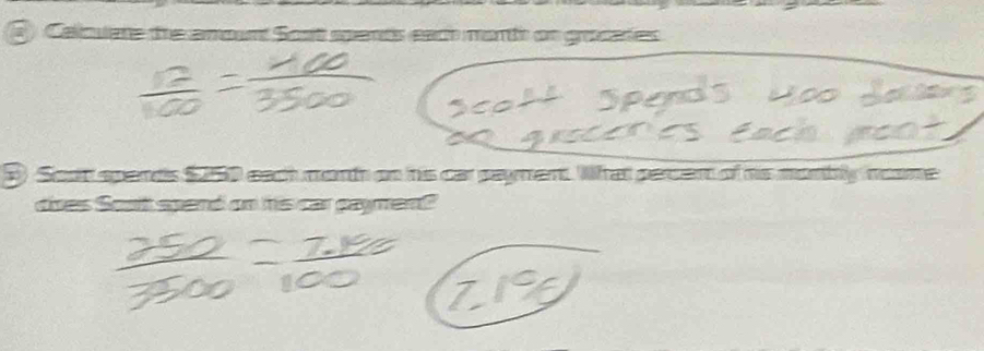 Calouete dre amount Sost spants esc manti on groeañes 
D Soan spands $50 each manth on his carpayment. What paren of his montnly neame 
does Sout spand on his car paymen?