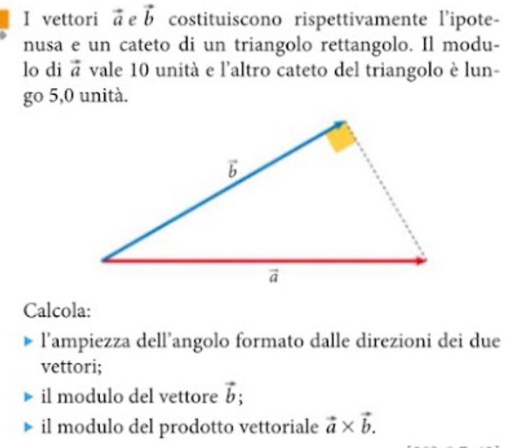 vettori vector a e vector b costituiscono rispettivamente l'ipote-
nusa e un cateto di un triangolo rettangolo. Il modu-
lo di vector a vale 10 unità e l'altro cateto del triangolo è lun-
go 5,0 unità.
Calcola:
l’ampiezza dell’angolo formato dalle direzioni dei due
vettori;
il modulo del vettore vector b;
il modulo del prodotto vettoriale vector a* vector b.