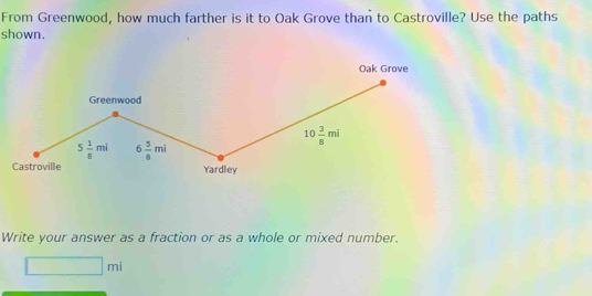 From Greenwood, how much farther is it to Oak Grove than to Castroville? Use the paths
shown.
Oak Grove
Write your answer as a fraction or as a whole or mixed number.
□ ml