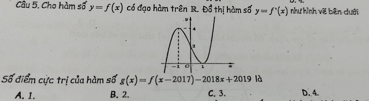 Cho hàm số y=f(x) có đạo hàm trên R. Dvector o thị hàm số y=f'(x) như hình vẽ bên dưới
Số điểm cực trị của hàm số g(x)=f(x-2017)-2018x+2019 là
A. 1. B. 2. C. 3. D. 4.