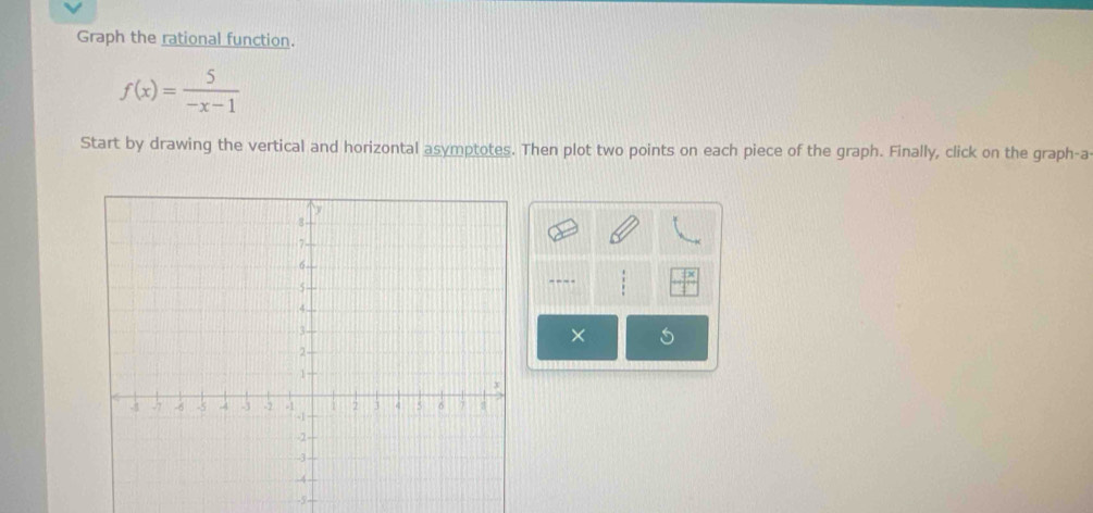 Graph the rational function.
f(x)= 5/-x-1 
Start by drawing the vertical and horizontal asymptotes. Then plot two points on each piece of the graph. Finally, click on the graph-a 
---- frac 4 3/4 
×
-5 -