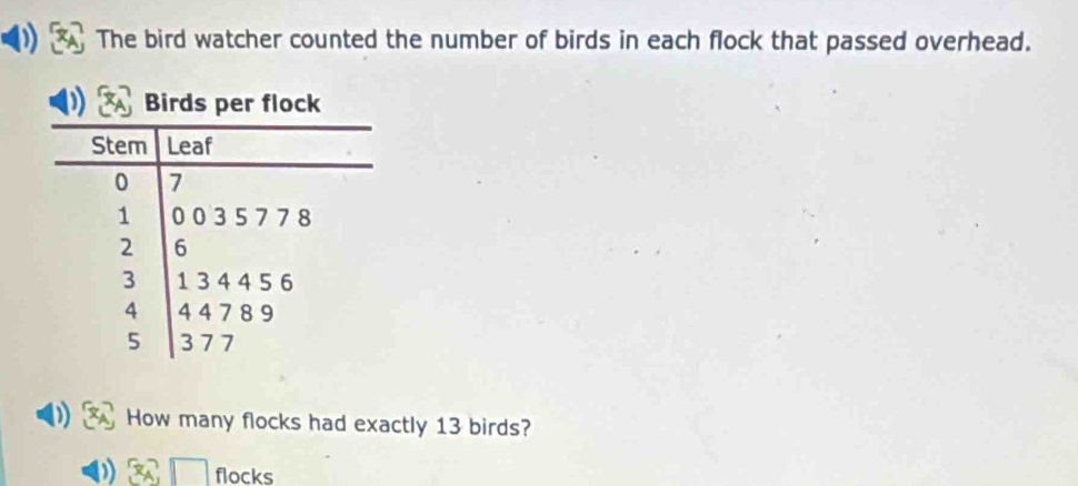 ) The bird watcher counted the number of birds in each flock that passed overhead. 
Birds per flock 
Stem Leaf
0 7
1 0 0 3 5 77 8
2 6
3 1 3 4 4 5 6
4 4 4 7 8 9
5 3 7 7
How many flocks had exactly 13 birds? 
flocks