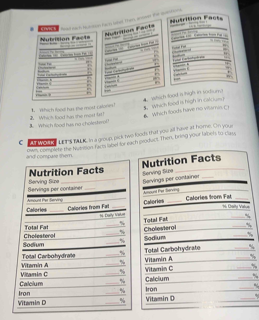 Nutrition Facts
8 CIVIC S Read each Nutrition Facts label. Then, answer the questions
1  m. hamburgs
Nutrition Facts Hamburge -  Harong bou t
Nutrition Facts
Nervlout par poetionon à mount Per derying
Perad Rutas - Hvng Hce à Gatn Calories 430 Calories from Fat 186
Amount her hervng
Calories 150   Calories from Fat 70
96 Dally Valus
Ev  coce 18
9 Daily Valin Total Fat
a 0 
Amourt Pe Barving r Cholesterol
20~
Caloriee 190  Calories from Fat 190
n°
= Taity Vach e
Tolal Fal Sodium
Total Fat Cholesterol 10° Total Carbohydrate
0” 3”“
Vitamín A
107
Cholesteral 10“
Bodium
Total Carbøhydrate a Total Carbohydrate Sodium
g? Vitamin C
0% Calcium
0% Vitamin A 95%
Vitamin A Iron
( Vitamin C pn%
Vitamin C
0%
  
Calcium
4“ Caleium
Iron Iron
0%
4. Which food is high in sodium?
Vitamin D
1Which food has the most calories?
5. Which food is high in calcium?
2. Which food has the most fat?
6. Which foods have no vitamin C?
3. Which food has no cholesterol?
CATWORK LET'S TALK. In a group, pick two foods that you all have at home. On your
own, complete the Nutrition Facts label for each product. Then, bring your labels to class
and compare them.
Nutrition Facts Nutrition Facts
Serving Size
Serving Size
_Servings per container_
Servings per container_
Amount Per Serving
Amount Per Serving
Calories _Calories from Fat Calories _Calories from Fat_
% Daily Value
% Daily Value
% Total Fat
_%
Total Fat __%
_% Cholesterol
Cholesterol
Sodium _Sodium
_%
%
Total Carbohydrate _Total Carbohydrate
_%
%
Vitamin A _Vitamin A
_%
%
Vitamin C _Vitamin C
_%
%
_% Calcium
_%
Calcium
Iron _% Iron _olc
Vitamin D _Vitamin D __o
%