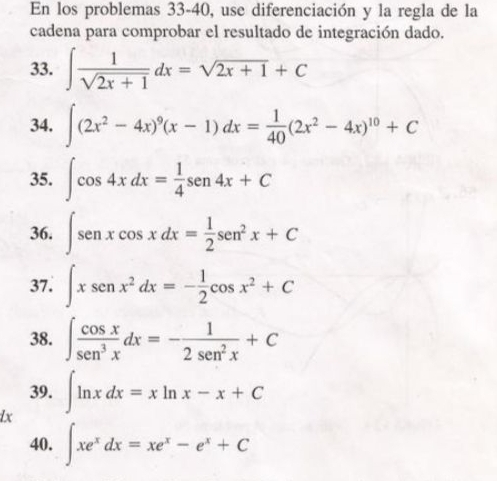 En los problemas 33-40, use diferenciación y la regla de la 
cadena para comprobar el resultado de integración dado. 
33. ∈t  1/sqrt(2x+1) dx=sqrt(2x+1)+C
34. ∈t (2x^2-4x)^9(x-1)dx= 1/40 (2x^2-4x)^10+C
35. ∈t cos 4xdx= 1/4 sen 4x+C
36. ∈t senxcos xdx= 1/2 sen^2x+C
37. ∈t xsen x^2dx=- 1/2 cos x^2+C
38. ∈t  cos x/sec^3x dx=- 1/2sen^2x +C
39. ∈t ln xdx=xln x-x+C
lx 
40. ∈t xe^xdx=xe^x-e^x+C