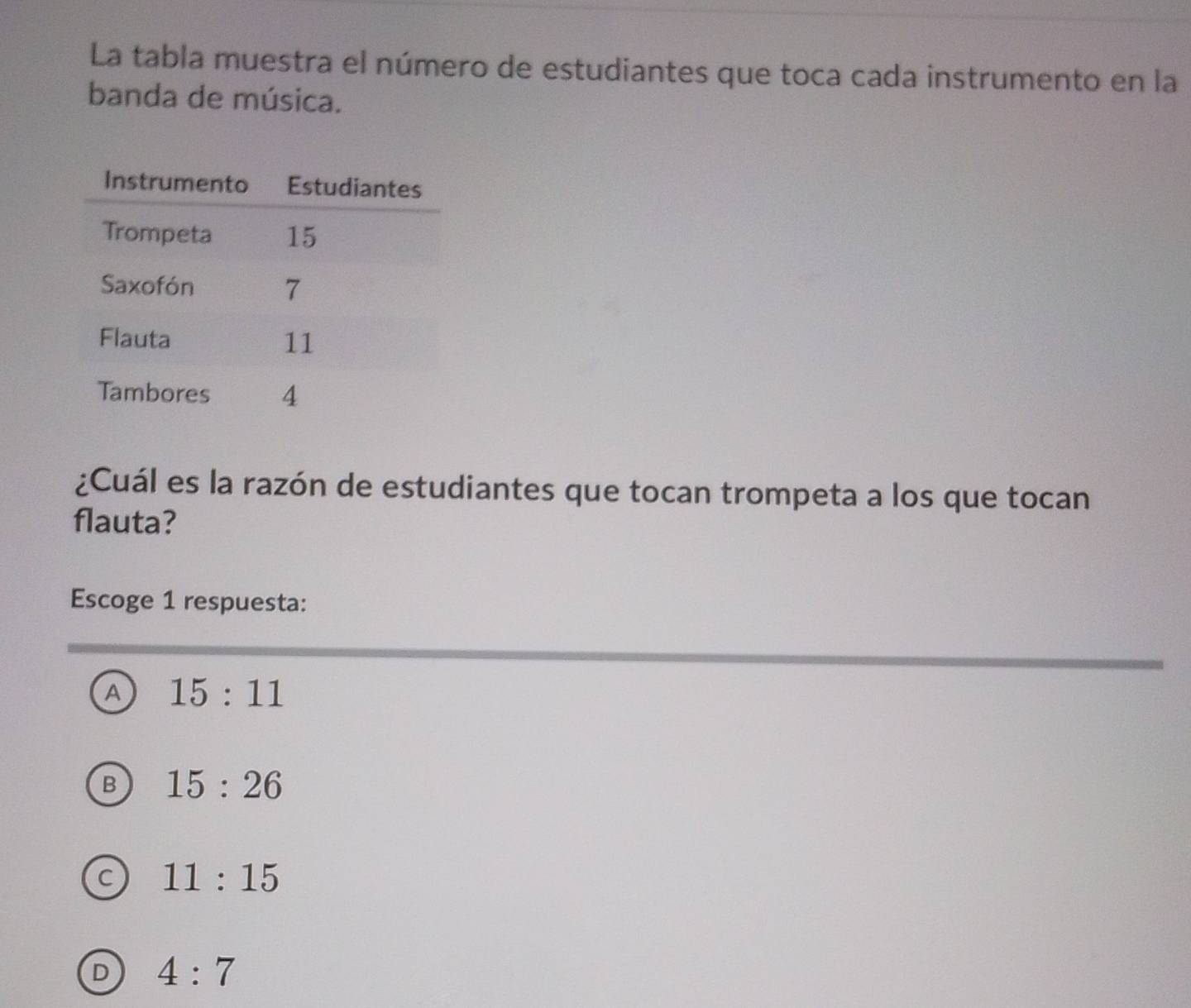 La tabla muestra el número de estudiantes que toca cada instrumento en la
banda de música.
¿Cuál es la razón de estudiantes que tocan trompeta a los que tocan
flauta?
Escoge 1 respuesta:
A 15:11
B 15:26
C 11:15
D 4:7