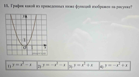 Γрафик κакойиз привеленньх ниκе фуиκиий нзображен на рисуике?
1) y=x^2-x 2) y=-x^2-x 3) y=x^2+x 4) y=-x^2+x