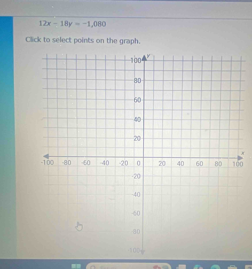 12x-18y=-1,080
Click to select points on the graph.
x
0