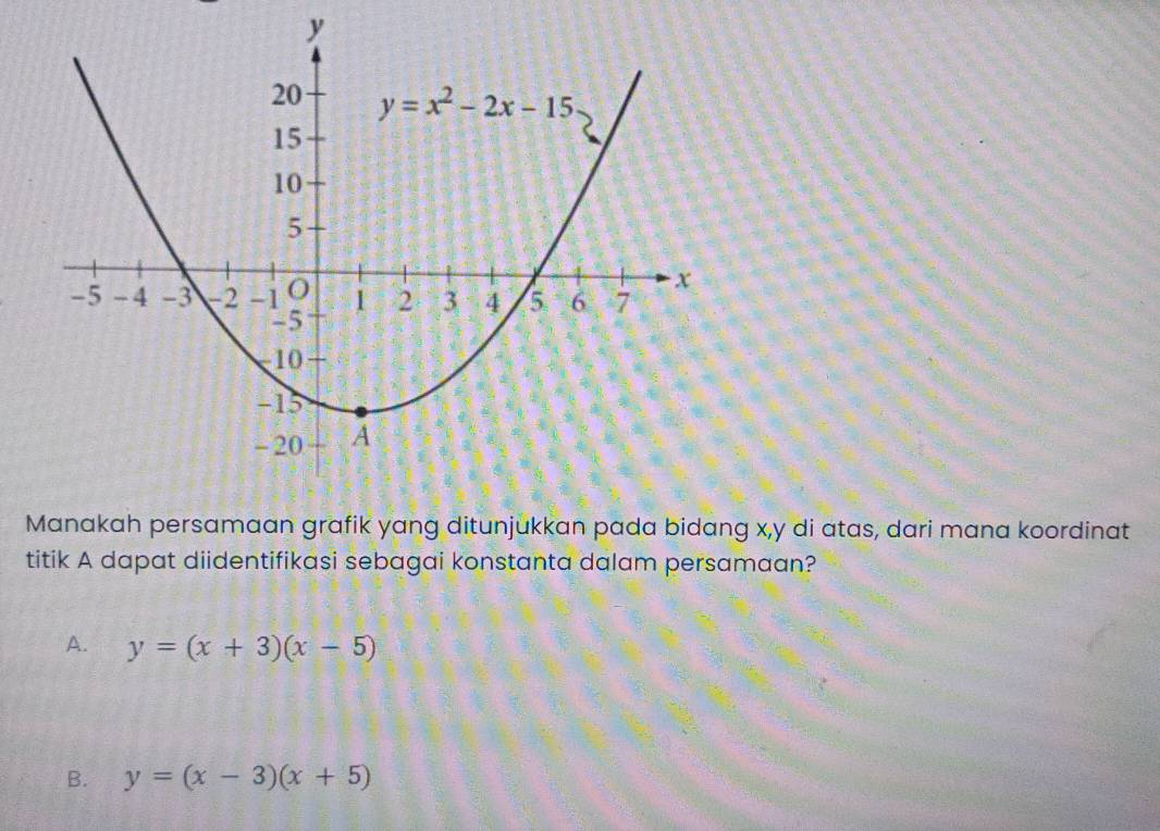 akah persamaan grafik yang ditunjukkan pada bidang x,y di atas, dari mana koordinat
titik A dapat diidentifikasi sebagai konstanta dalam persamaan?
A. y=(x+3)(x-5)
B. y=(x-3)(x+5)