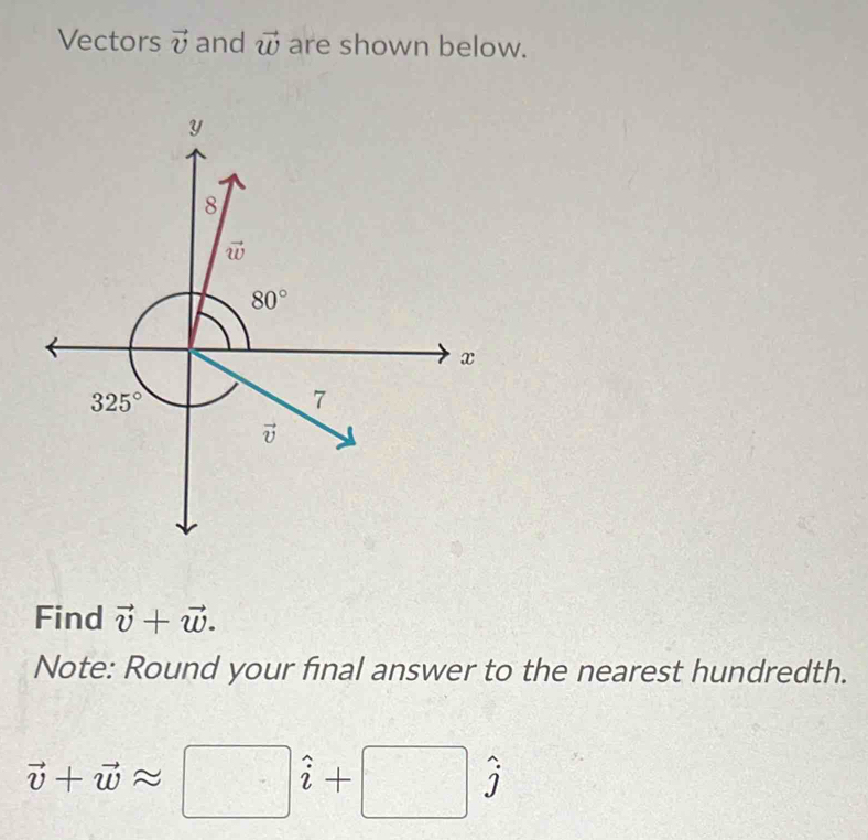 Vectors vector v and vector w are shown below.
Find vector v+vector w.
Note: Round your final answer to the nearest hundredth.
vector v+vector wapprox □ hat i+□ hat j