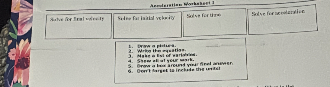 Acceleration Worksheet I 
Solve for final velocity Solve for initial velocity Solve for time Solve for acceleration 
1. Draw a picture. 
2. Write the equation. 
3. Make a list of variables. 
4. Show all of your work. 
5. Draw a box around your final answer. 
6. Don't forget to include the units!