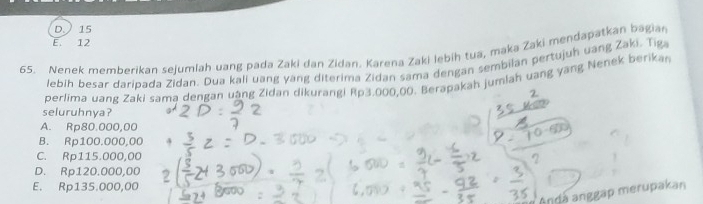 D. 15
E. 12
65. Nenek memberikan sejumlah uang pada Zaki dan Zidan. Karena Zaki lebiḥ tua, maka Zaki mendapatkan bagian
lebih besar daripada Zidan. Dua kali uang yang diterima Zidan sama dengan sembilan pertujuh uang Zaki. Tiga
perlima uang Zaki sama dengan uàng Zidan dikurangi Rp3.000,00. Berapakah jumlah uang yang Nenek berika
seluruhnya?
A. Rp80.000,00
B. Rp100.000,00
C. Rp115.000,00
D. Rp120.000,00
E. Rp135.000,00
áŋḍá anggap merupakan