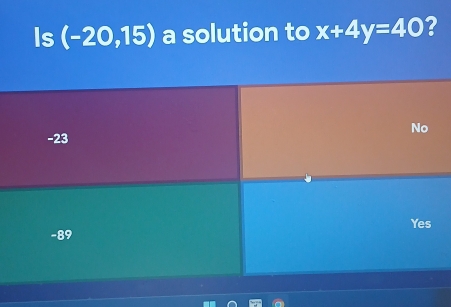 Is (-20,15) a solution to x+4y=40 ?