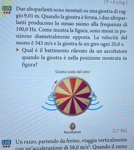 [T=kvee L/g]
105 Due altoparlanti sono montati su una giostra di rag- 
★★★ gio 9,01 m. Quando la giostra è ferma, i due altopar- 
lanti producono lo stesso suono alla frequenza di
100,0 Hz. Come mostra la figura, sono messi in po- 
sizione diametralmente opposta. La velocità del 
suono è 343 m/s e la giostra fa un giro ogni 20,0 s. 
Qual è il battimento rilevato da un ascoltatore 
quando la giostra è nella posizione mostrata in 
figura? 
Giostra (vista dall'alto) 
Ascoltatore [1,7Hz]
106 Un razzo, partendo da fermo, viaggia verticalmente 
con un’accelerazione di 58,0m/s^2. Quando il razzo