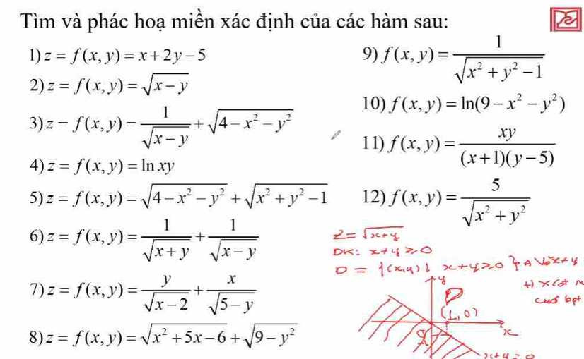 Tìm và phác hoạ miền xác định của các hàm sau: 
1) z=f(x,y)=x+2y-5 9) f(x,y)= 1/sqrt(x^2+y^2-1) 
2) z=f(x,y)=sqrt(x-y)
10) f(x,y)=ln (9-x^2-y^2)
3) z=f(x,y)= 1/sqrt(x-y) +sqrt(4-x^2-y^2) 11) f(x,y)= xy/(x+1)(y-5) 
4) z=f(x,y)=ln xy
5) z=f(x,y)=sqrt(4-x^2-y^2)+sqrt(x^2+y^2-1) 12) f(x,y)= 5/sqrt(x^2+y^2) 
6) z=f(x,y)= 1/sqrt(x+y) + 1/sqrt(x-y) 
7) z=f(x,y)= y/sqrt(x-2) + x/sqrt(5-y) 
8) z=f(x,y)=sqrt(x^2+5x-6)+sqrt(9-y^2)