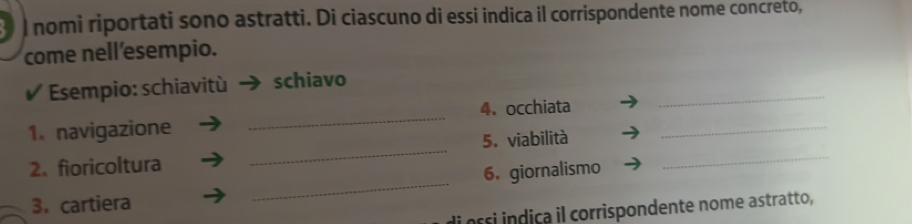 ) nomi riportati sono astratti. Di ciascuno di essi indica il corrispondente nome concreto, 
come nell'esempio. 
* Esempio: schiavitù schiavo 
4. occhiata 
_ 
1. navigazione 
_ 
2、 fioricoltura _5. viabilità_ 
_ 
6. giornalismo 
3. cartiera 
_ 
rr nd ca il corrispondente nome astratto,