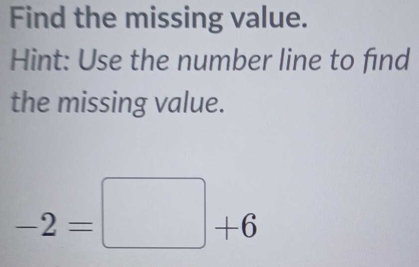 Find the missing value. 
Hint: Use the number line to find 
the missing value.
-2=□ +6