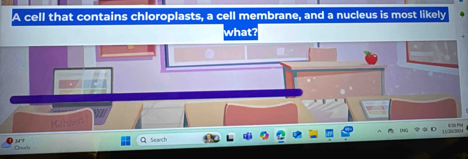 A cell that contains chloroplasts, a cell membrane, and a nucleus is most likely 
what? 
+ 
Kaheet 
6 50 PM 
11/20/2024 
34°F Search 
Cloudy