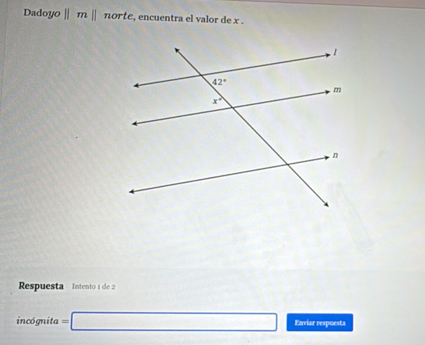 Dac log _0y_ norte, encuentra el valor de x .
Respuesta Intento 1 de 2
incógnita =□ Enviar respuesta