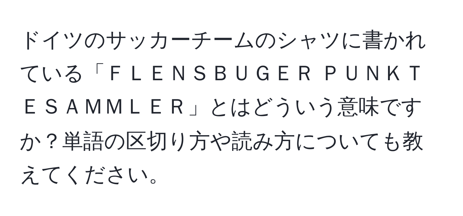 ドイツのサッカーチームのシャツに書かれている「ＦＬＥＮＳＢＵＧＥＲ ＰＵＮＫＴＥＳＡＭＭＬＥＲ」とはどういう意味ですか？単語の区切り方や読み方についても教えてください。