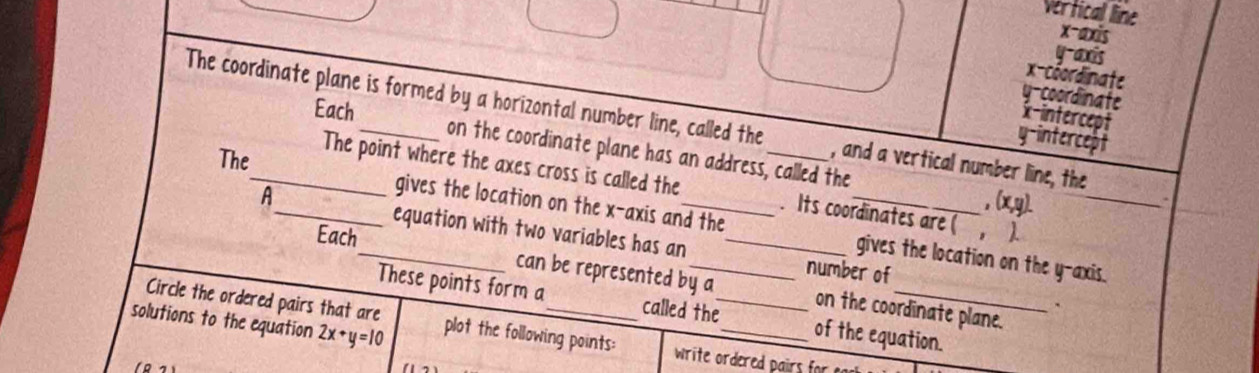 Vertical line
x-axis
y-axis
x-coordinate
y-coordinate
Each
x-intercept
The coordinate plane is formed by a horizontal number line, called the _, and a vertical number line, the
y-intercept
The
on the coordinate plane has an address, called the . (x,y
The point where the axes cross is called the . Its coordinates are ( , )._
a
A_ equation with two variables has an__
gives the location on the x-axis and the gives the location on the y-axis.
number of
Each_ can be represented by a_ on the coordinate plane.
Circle the ordered pairs that are
.
These points form a called the_ of the equation.
solutions to the equation 2x+y=10 plot the following points: