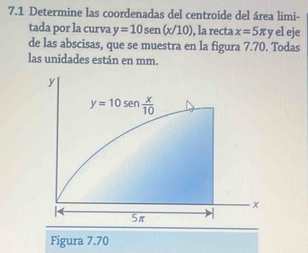 7.1 Determine las coordenadas del centroide del área limi-
tada por la curva y=10sen (x/10) , la recta x=5π y el eje
de las abscisas, que se muestra en la figura 7.70. Todas
las unidades están en mm.
Figura 7.70