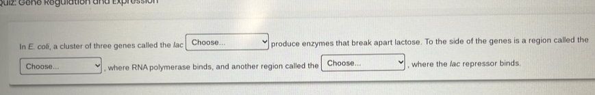 Goñe Regulation ana Exprossión 
In E. coli, a cluster of three genes called the fac Choose... produce enzymes that break apart lactose. To the side of the genes is a region called the 
Choose... , where RNA polymerase binds, and another region called the Choose... , where the lac repressor binds.