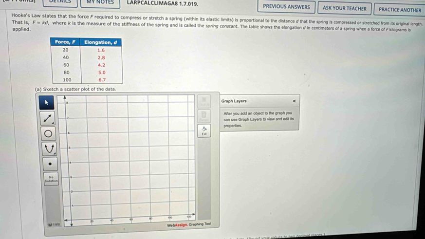 MY NOTES LARPCALCLIMAGA8 1.7.019. PREVIOUS ANSWERS ASK YOUR TEACHER PRACTICE ANOTHER 
Hooke's Law states that the force F required to compress or stretch a spring (within its elastic limits) is proportional to the distance d that the spring is compressed or stretched from its original length. 
That is, F=kd , where k is the measure of the stiffness of the spring and is called the spring constant. The table shows the elongation d in centimeters of a spring when a force of F kilograms is 
applied . 
(a) Sketch a scatter plot of the data. 
Graph Layers 
After you add an object to the graph you 
can use Graph Layers to view and edit its 
properties. 
Solution 
@ 
WebAsslign. Graphing Tool