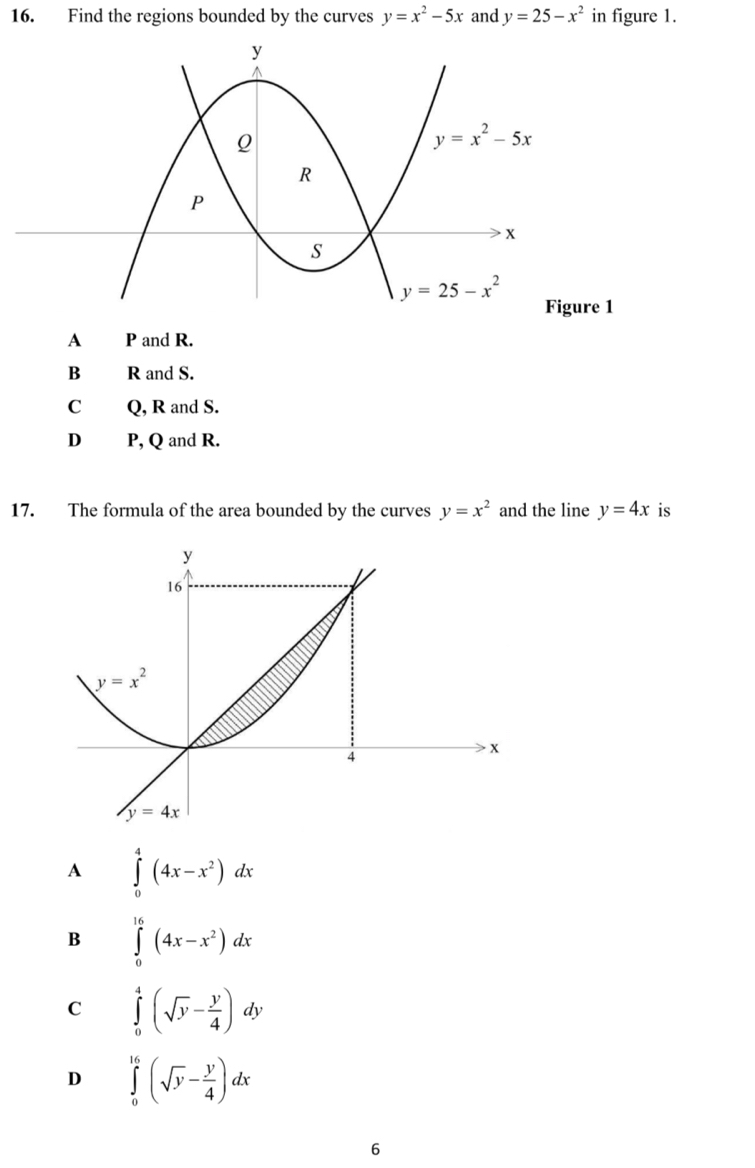 Find the regions bounded by the curves y=x^2-5x and y=25-x^2 in figure 1.
Figure 1
A P and R.
B R and S.
C Q, R and S.
D P, Q and R.
17. The formula of the area bounded by the curves y=x^2 and the line y=4x is
A ∈tlimits _0^(4(4x-x^2))dx
B ∈tlimits _0^((16)(4x-x^2))dx
C ∈tlimits _0^(4(sqrt(y)-frac y)4)dy
D ∈tlimits _0^((16)(sqrt(y)-frac y)4)dx
6