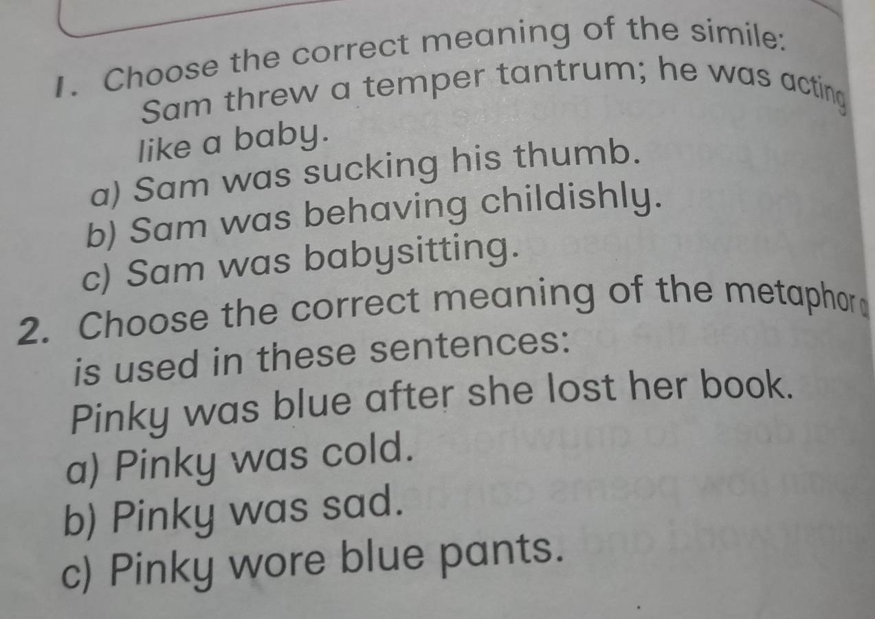 Solved: Choose the correct meaning of the simile: Sam threw a temper  tantrum; he was acting like a [Others]