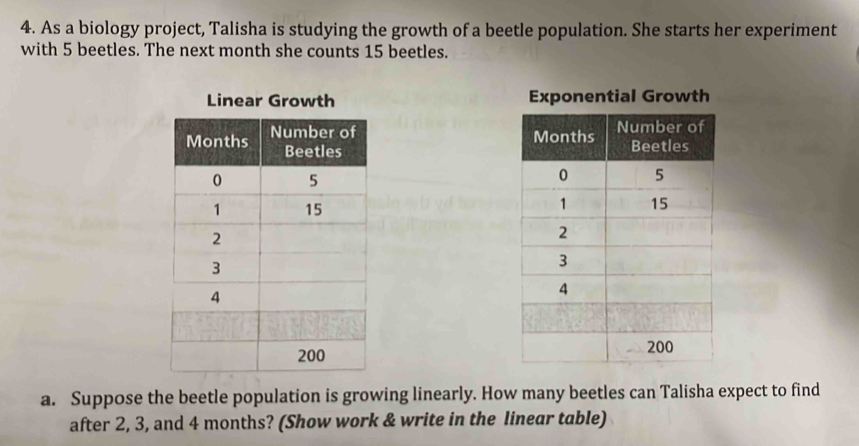 As a biology project, Talisha is studying the growth of a beetle population. She starts her experiment 
with 5 beetles. The next month she counts 15 beetles. 
Linear Growth Exponential Growth 


a. Suppose the beetle population is growing linearly. How many beetles can Talisha expect to find 
after 2, 3, and 4 months? (Show work & write in the linear table)