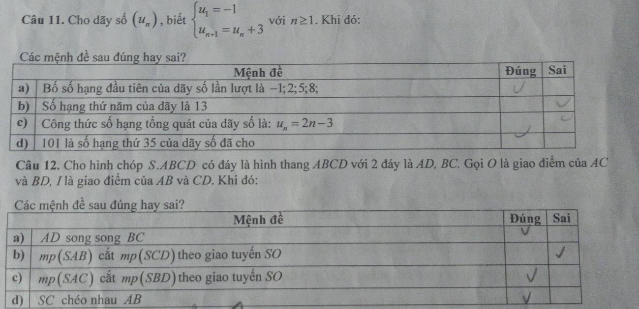 Cho dãy số (u_n) , biết beginarrayl u_1=-1 u_n+1=u_n+3endarray. với n≥ 1. Khi đó:
Câu 12. Cho hình chóp S.ABCD có đáy là hình thang ABCD với 2 đáy là AD, BC. Gọi O là giao điểm của AC
và BD, I là giao điểm của AB và CD. Khi đó: