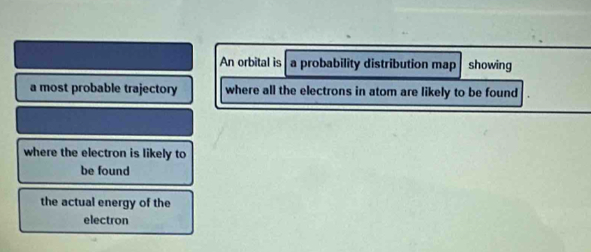 An orbital is a probability distribution map showing 
a most probable trajectory where all the electrons in atom are likely to be found 
where the electron is likely to 
be found 
the actual energy of the 
electron