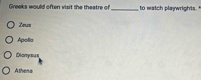 Greeks would often visit the theatre of to watch playwrights. *
Zeus
Apollo
Dionysus
Athena