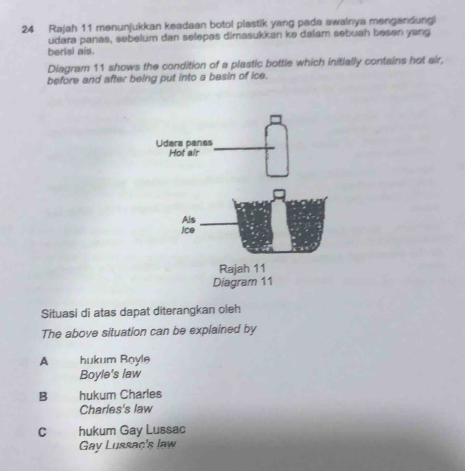 Rajah 11 menunjukkan keadaan botol plastik yang pada awainya mengandung
udara panas, sebelum dan selepas dimasukkan ke dalam sebuah besen yang
berisi ais.
Diagram 11 shows the condition of a plastic bottle which initially contains hot air,
before and after being put into a basin of ice.
Situasi di atas dapat diterangkan oleh
The above situation can be explained by
A hukum Boyle
Boyle's law
B hukum Charles
Charles's law
C hukum Gay Lussac
Gay Lussaç's law