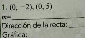 (0,-2),(0,5)
m= _ 
Dirección de la recta:_ 
Gráfica: