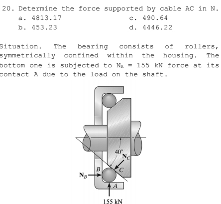 Determine the force supported by cable AC in N.
a. 4813.17 c. 490.64
b. 453.23 d. 4446.22
Situation. The bearing consists of rollers,
symmetrically confined within the housing. The
bottom one is subjected to N_A=155 kN force at its
contact A due to the load on the shaft.
155 kN