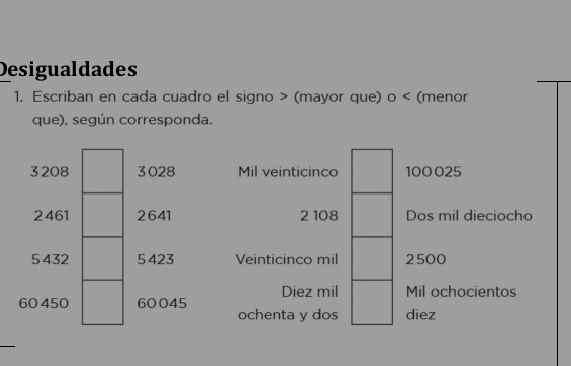 Desigualdades 
1. Escriban en cada cuadro el signo (mayor que) 0 (menor 
que), según corresponda.